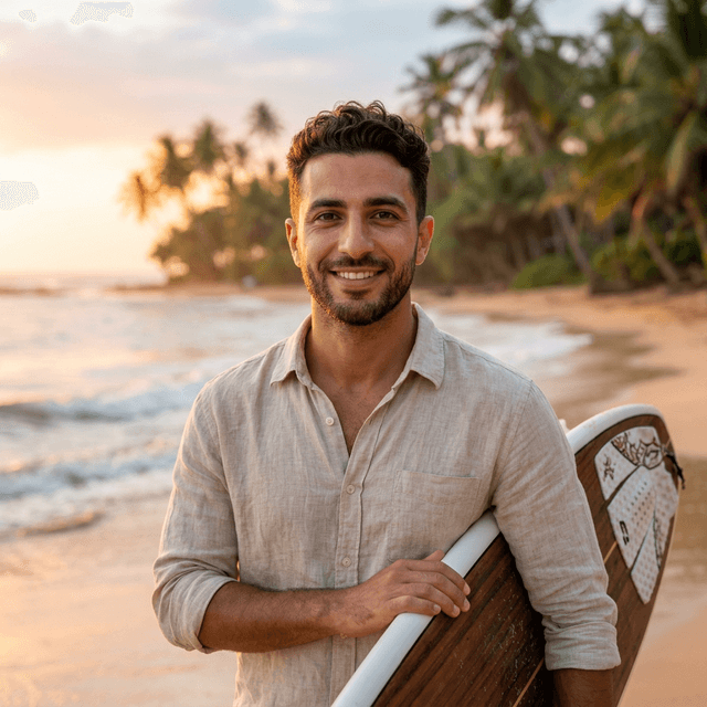 Profile photo of a person holding a surfboard on a beach.